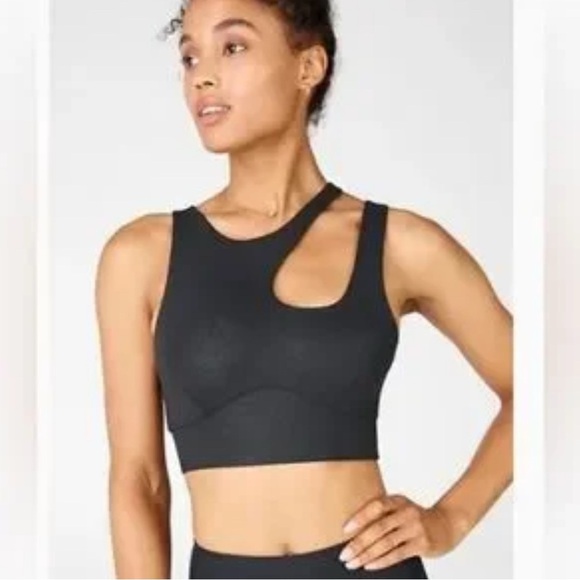 Fabletics, faux leather like sports bra crop Top size large medium impact - Picture 1 of 3